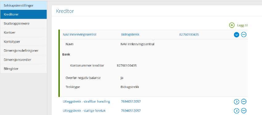 angis. Overfør negativ balanse: Dersom du huker av i dette feltet, vil evt. negativ balanse bli overført til neste periode. Trekktype: Alle nye kreditorer vil få kategorien Andre.