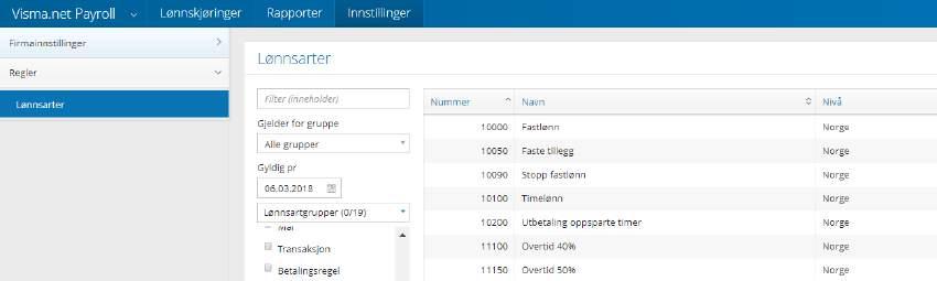 Oppsett av lønnsarter Payroll / Innstillinger / Regler / Lønnsarter Det ligger allerede et forhåndsdefinert lønnsartregister i systemet.