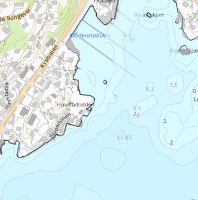 HAVSTADODDEN OG HAUODDEN - SEDIMENTUNDERSØKELSER 9 Nord for Havstadodden er det grunnere enn 5 meter og med en relativ stor lokal småbåthavn. Og lengre mot øst ligger det tidligere verftet Vindholmen.