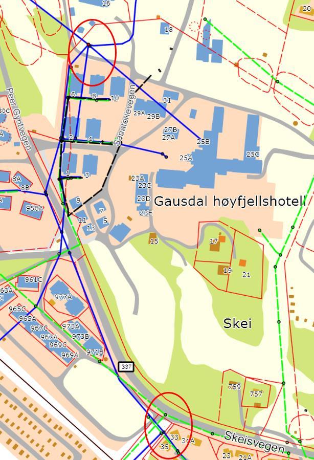 Figur 12 Skei, VA oversikt. Kommunekart, se vedlegg 3. Sprinkler og brannhydrant Det skal etableres sprinkler på alle bygg over 2 etasjer og alle parkeringskjellere.