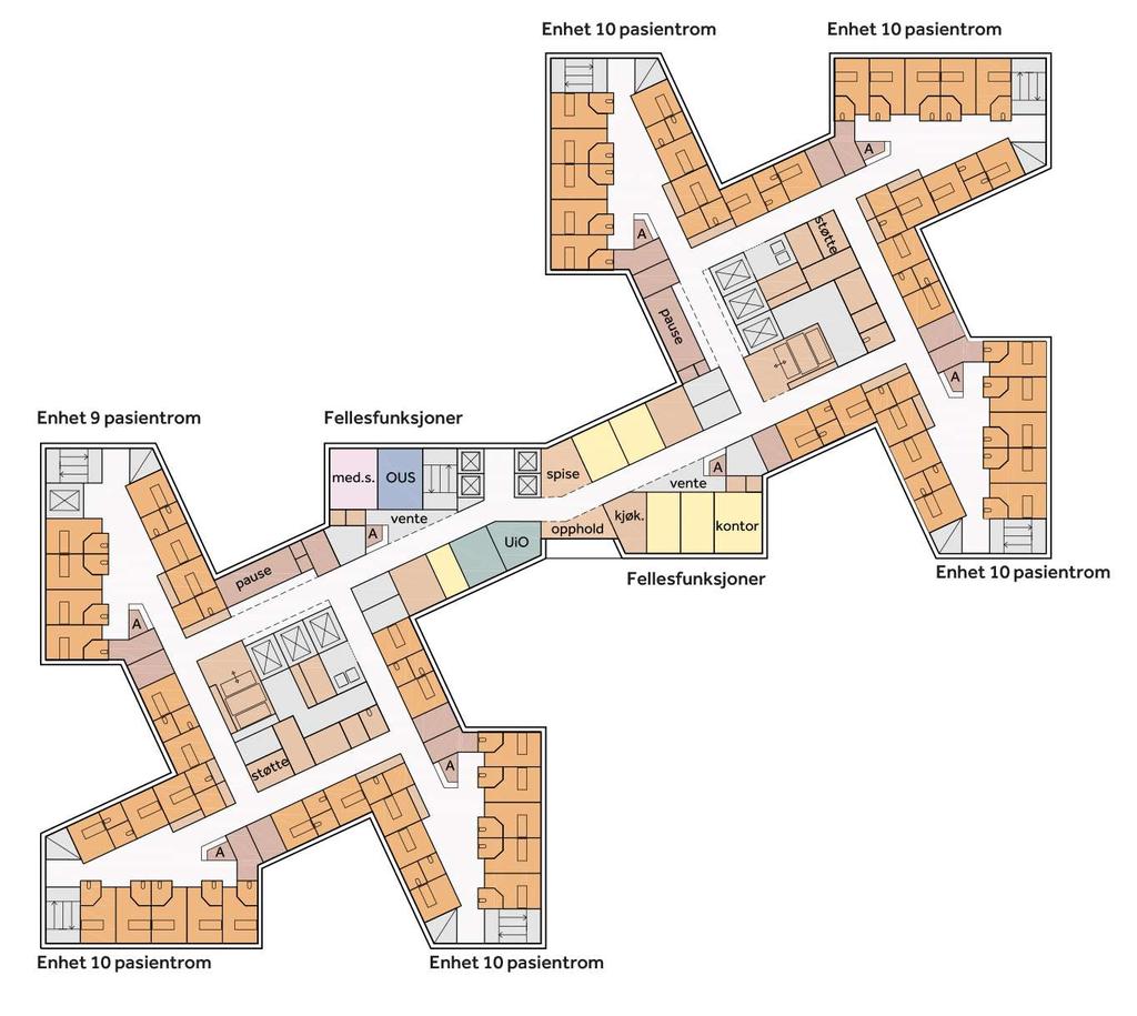 Tittel: Konseptrapport Side: 95 av 186 Hver enhet er organisert rundt et lite torg og en sentralt plassert arbeidsstasjon (personell- og arbeidsrom) med godt overblikk over enheten.