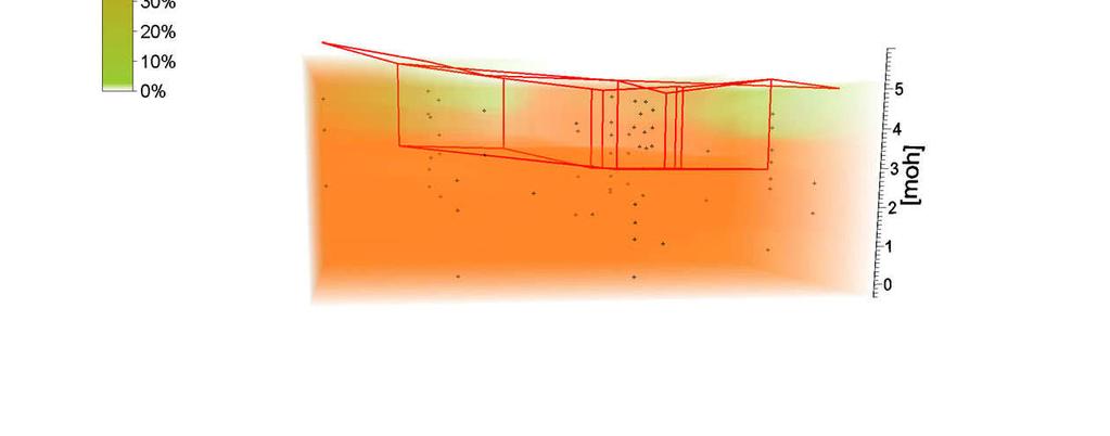 Figur 15: Tredimensjonal fordeling av redusert jern i kulturlag ved Langgate 43. Tomten med tidligere kjeller er inntegnet med røde linjer. De svarte prikkene representerer prøvetakingspunkter.