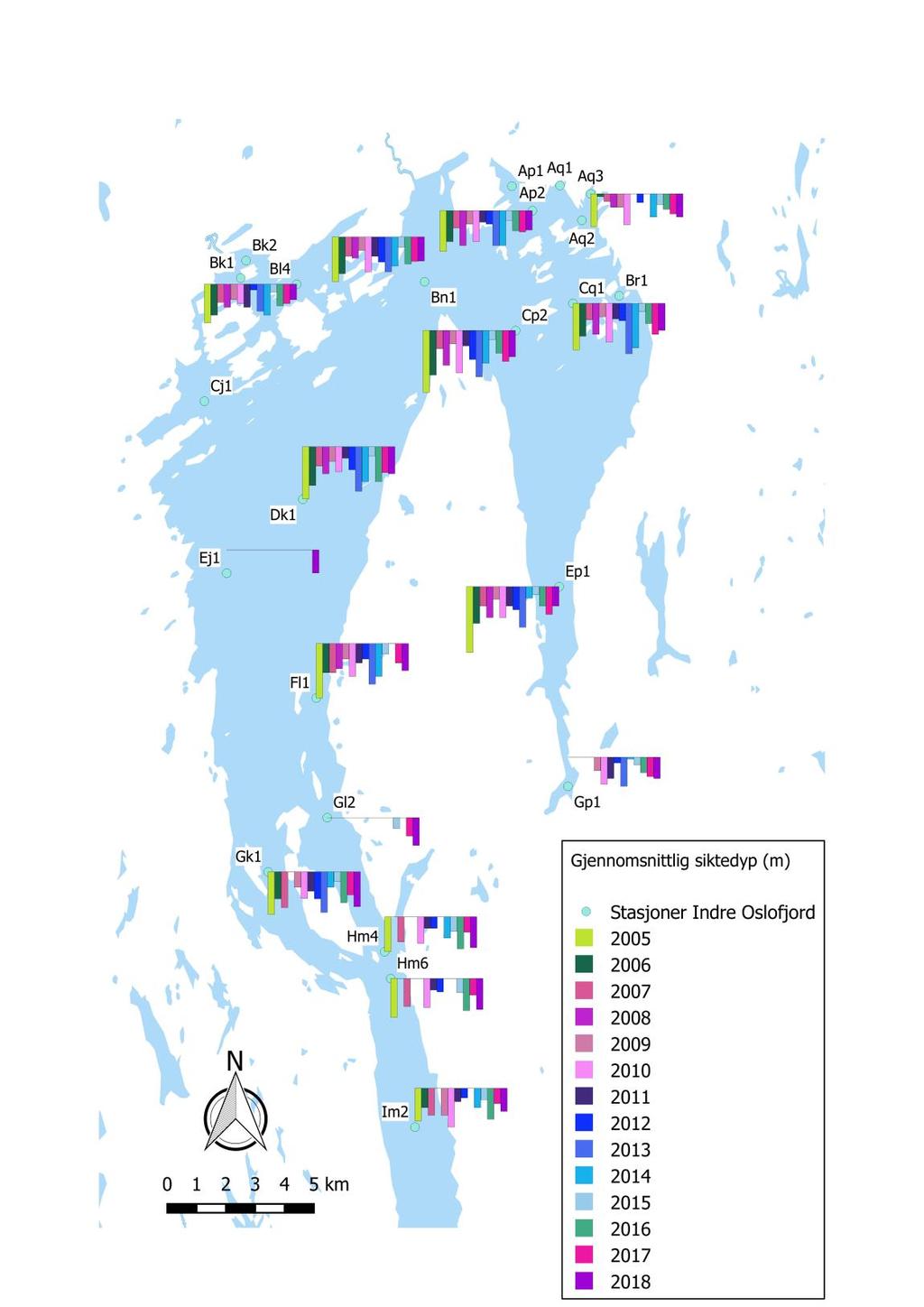 Siktedypmålinger for oktober måned i 2018 og foregående år Plottede data på kartet til venstre viser gjennomsnittlige oktober-målinger ved utvalgte stasjoner i Indre Oslofjord (i perioden 2005-2018).