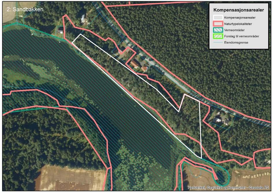 59 av 92 Kompensasjonsareal 2 Sandbakken (B-lokalitet) (14 daa) Kort naturfaglig beskrivelse (for detaljer, se kartleggingsrapport Bane Nor 2016) Kompensasjonsarealet består hovedsakelig av verdifull