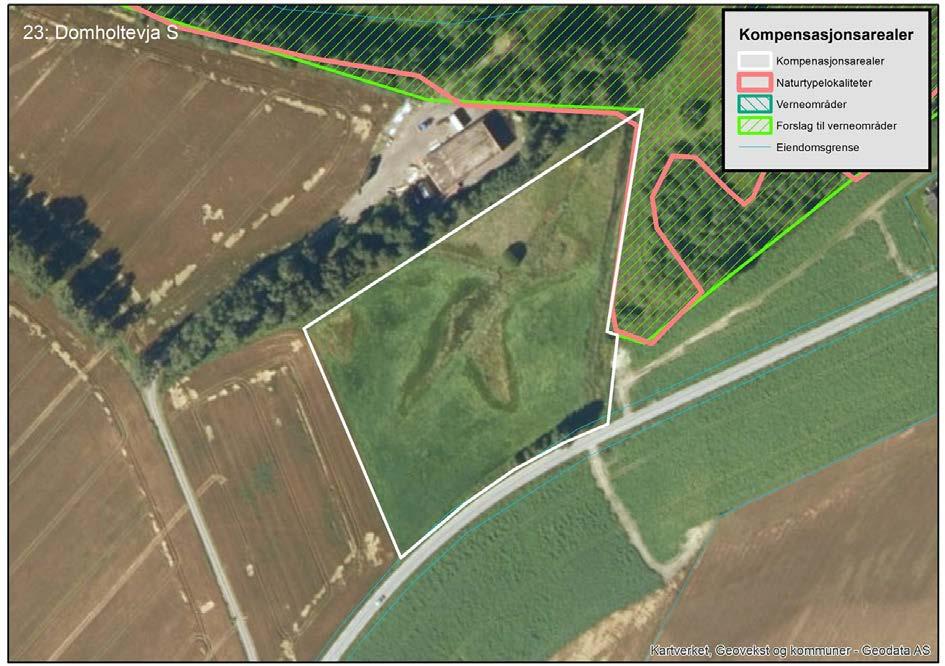 71 av 92 Kompensasjonsareal 23 Domholtevja sør Kort naturfaglig beskrivelse (for detaljer, se kartleggingsrapport Bane Nor 2016) Kompensasjonsarealet utgjør en