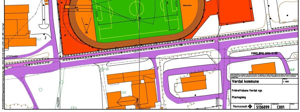 bygging av en friidrettsbane med fotballbane ved Verdal videregående skole. Anlegget er vist i tegning C001. Kostnadene er spesifisert i vedlegg 1.