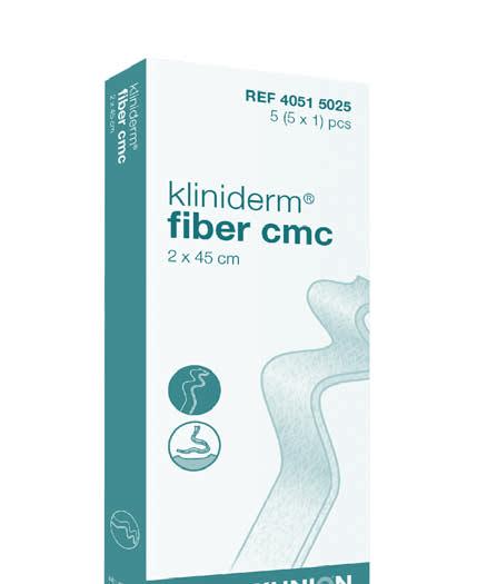 Kliniderm Fiber CMC (Carboxymethylcellulose), steril Nyhet Kliniderm fiber CMC er en steril non-woven formbar bandasje med høy absorpsjonskapasitet.