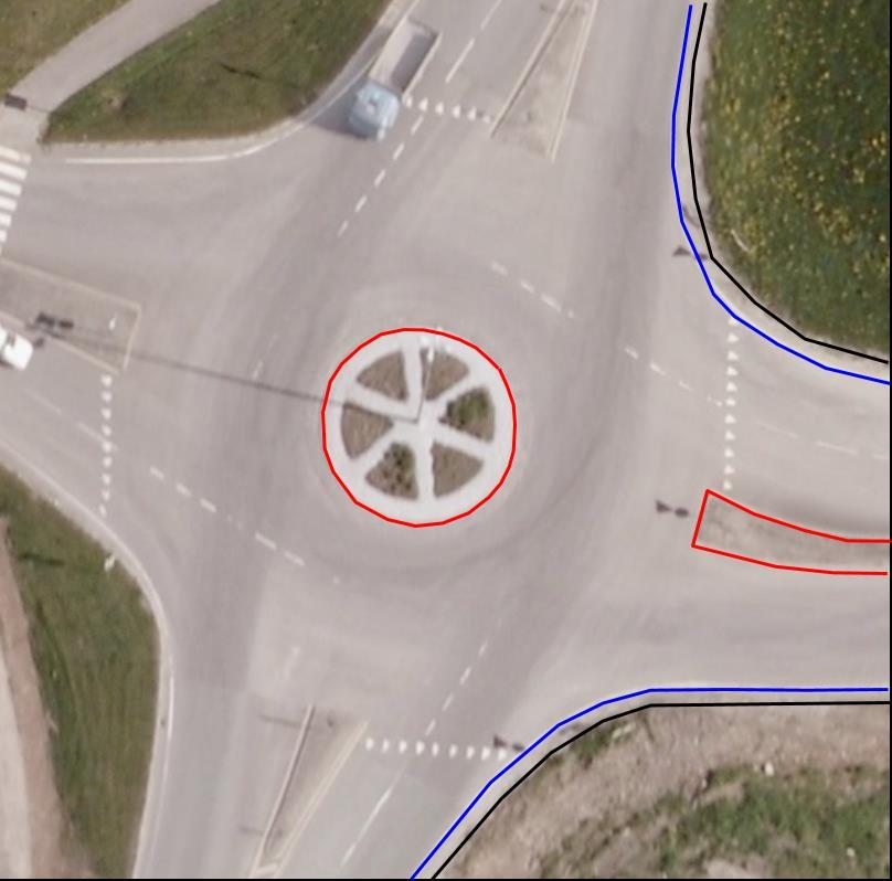Dersom Vegskulderkant og Kjørebanekant skal registreres (opsjon), skal Vegskulderkant registreres med lik geometri som trafikkøykant (rød linje), men kjørebanekant skal registreres i overgangen