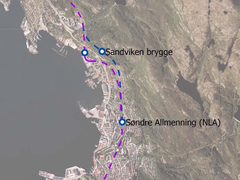 Alternativ 5Ba/ 5Bb - tunnel fra sentrum til NHH, med holdeplass i dagen ved Sandviken Brygge Alternativer 5Ba og 5Bb går i tunnel fra Sandbrogaten til holdeplass i fjell øst for Søndre allmenningen