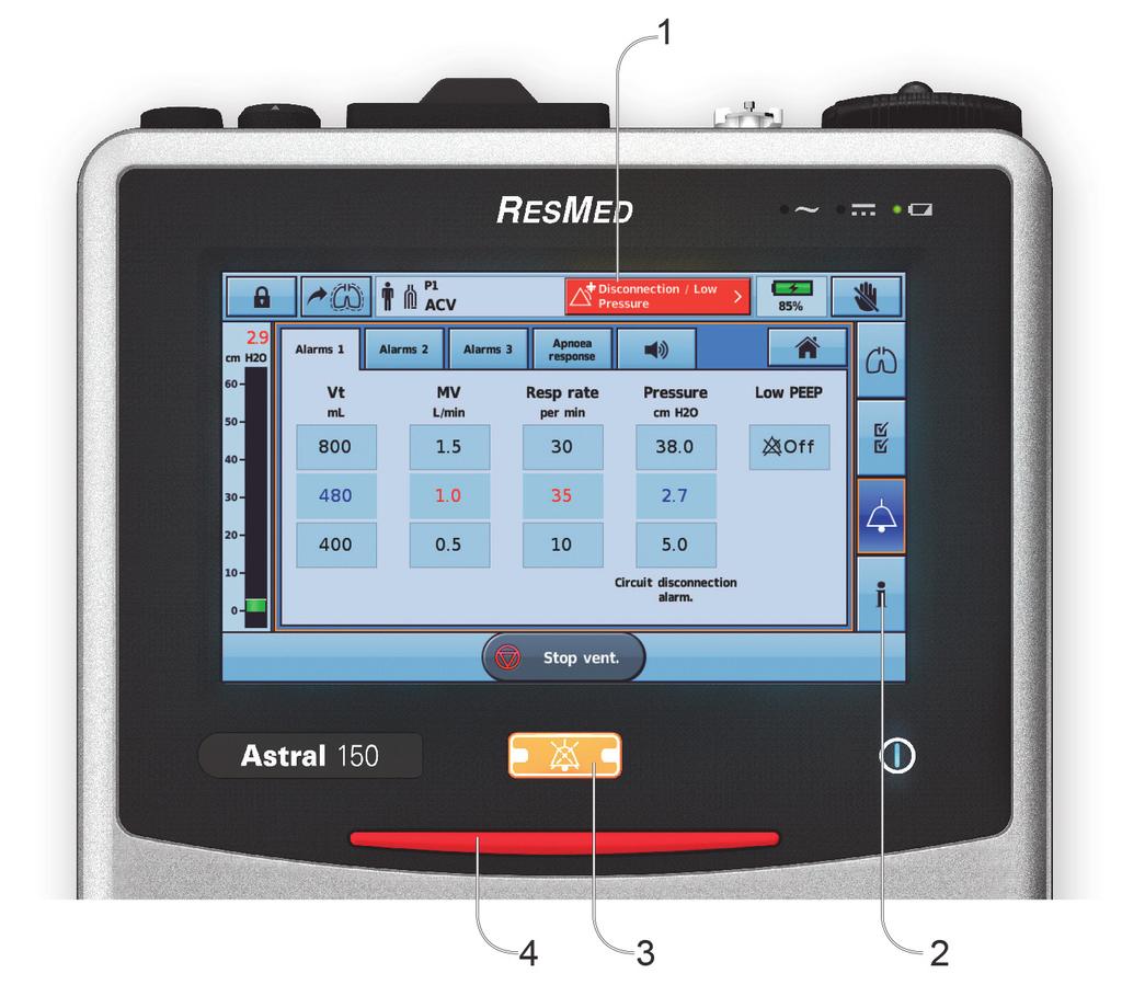 NORSK 43 Alarmer Astral-apparatet aktiverer alarmer for å varsle deg om tilstander som krever oppmerksomhet for å sikre pasientens sikkerhet.