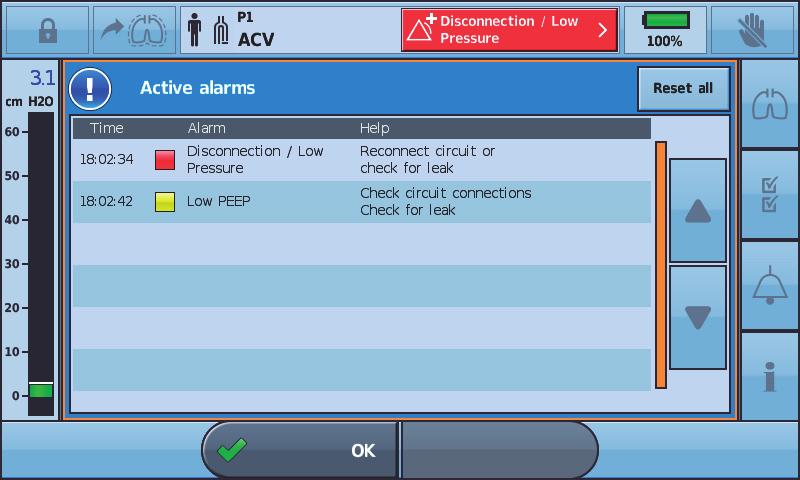 48 Alarmer Slik tilbakestiller du alle aktive alarmer: 1. Trykk på alarmvisningen på informasjonslinjen. Skjermbildet Aktive alarmer vises. 2.