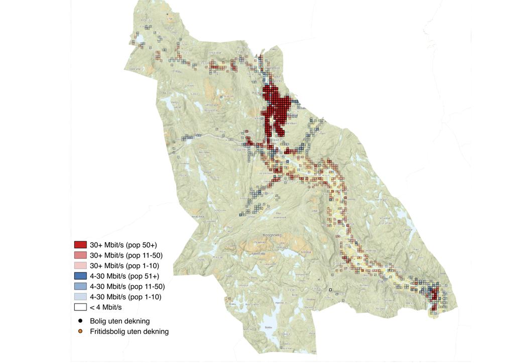 Figur 11. Geografisk bredbåndsdekning i Kongsberg 4.3 Ringerike Ringerike har en blandet befolkningsstruktur. Om lag to tredjedeler av befolkningen bor i tettsteder.