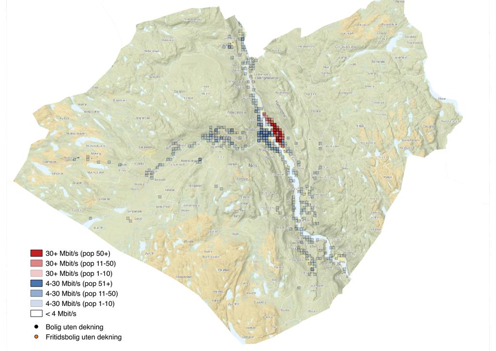 Bredbånd i Buskerud Nes er i likhet med Flå en del av det interkommunale samarbeidet om IT og fiberutbygging i Hallingdal. Figur 19. Geografisk bredbåndsdekning i Nes kommune. 4.