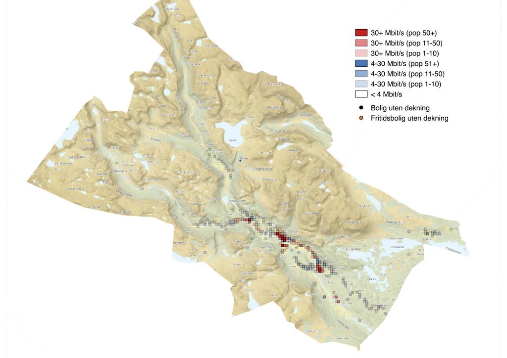 4.9 Ål Figur 23. Geografisk bredbåndsdekning i Hemsedal kommune. Figur 23 viser at det finnes flere områder i Hemsedal som mangler et tilbud om bredbånd med 30 Mbit/s kapasitet.