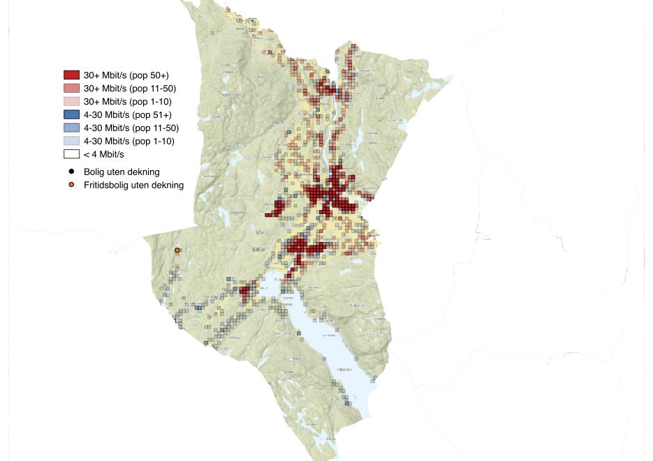 Figur 34. Geografisk bredbåndsdekning i Øvre Eiker kommune. 4.15 Nedre Eiker Nedre Eiker er en urban kommune, med svært få boliger utenfor tettsteder.