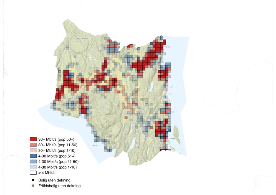 Figur 40. Geografisk bredbåndsdekning i Røyken kommune. 4.18 Hurum Om lag fire av fem boliger i Hurum ligger i tettsteder. 90 % av disse har tilbud om bredbånd med en kapasitet på 100 Mbit/s.