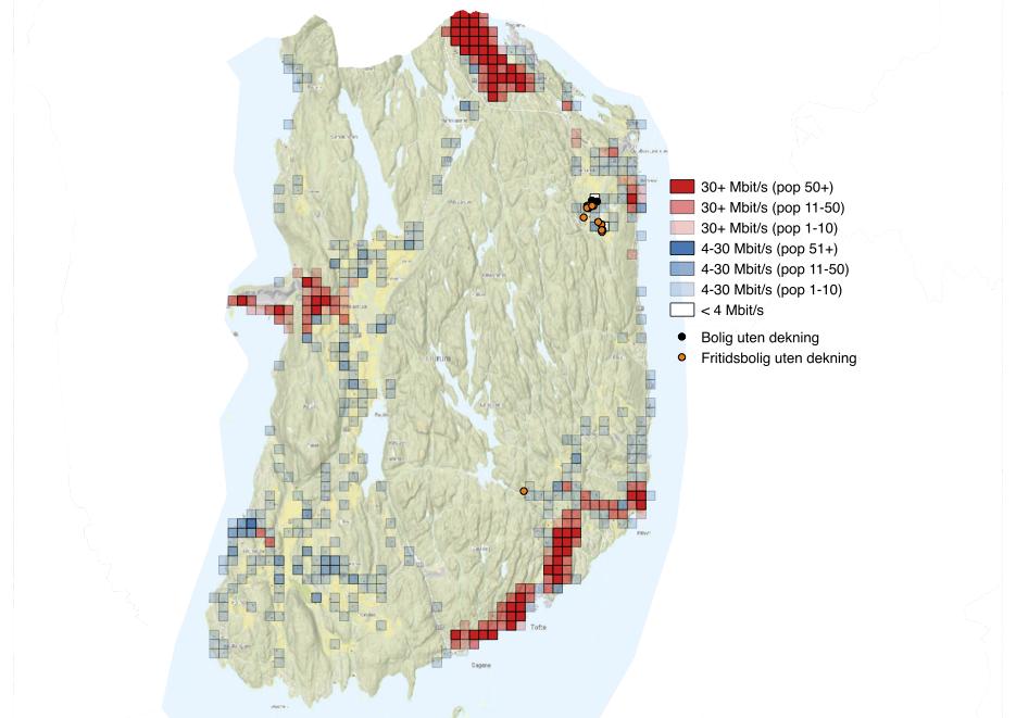 Figur 42. Geografisk bredbåndsdekning i Hurum kommune. 4.19 Flesberg Flesberg har et spredt bosettingsmønster, og under en tredjedel av boligene ligger i tettbygde strøk.