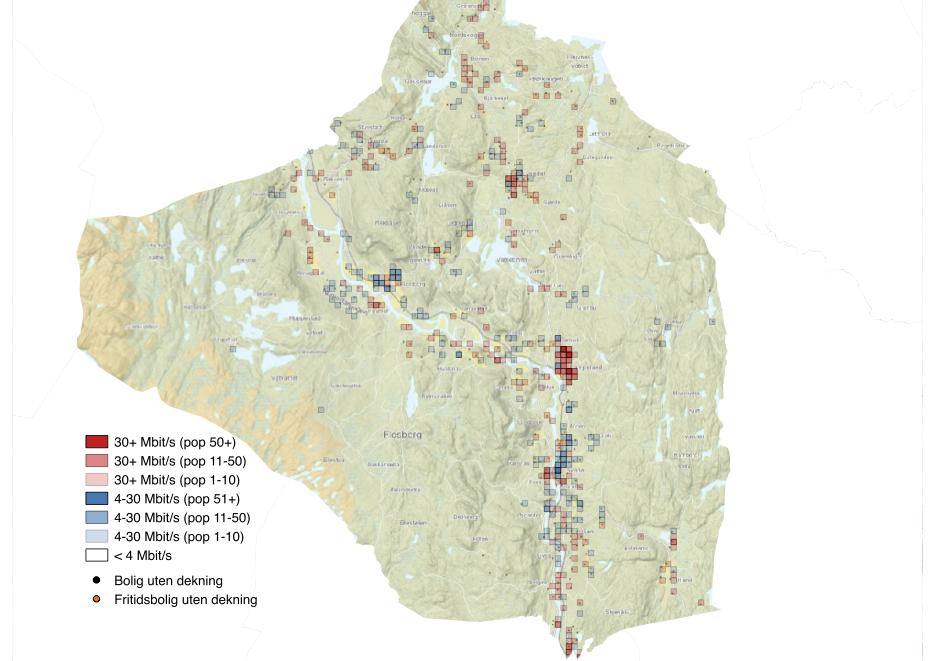 Figur 44. Geografisk bredbåndsdekning i Flesberg kommune. 4.20 Rollag Rollag har i likhet med Flesberg et spredt bosettingsmønster, hvor fire av fem boliger ligger utenfor tettsteder.