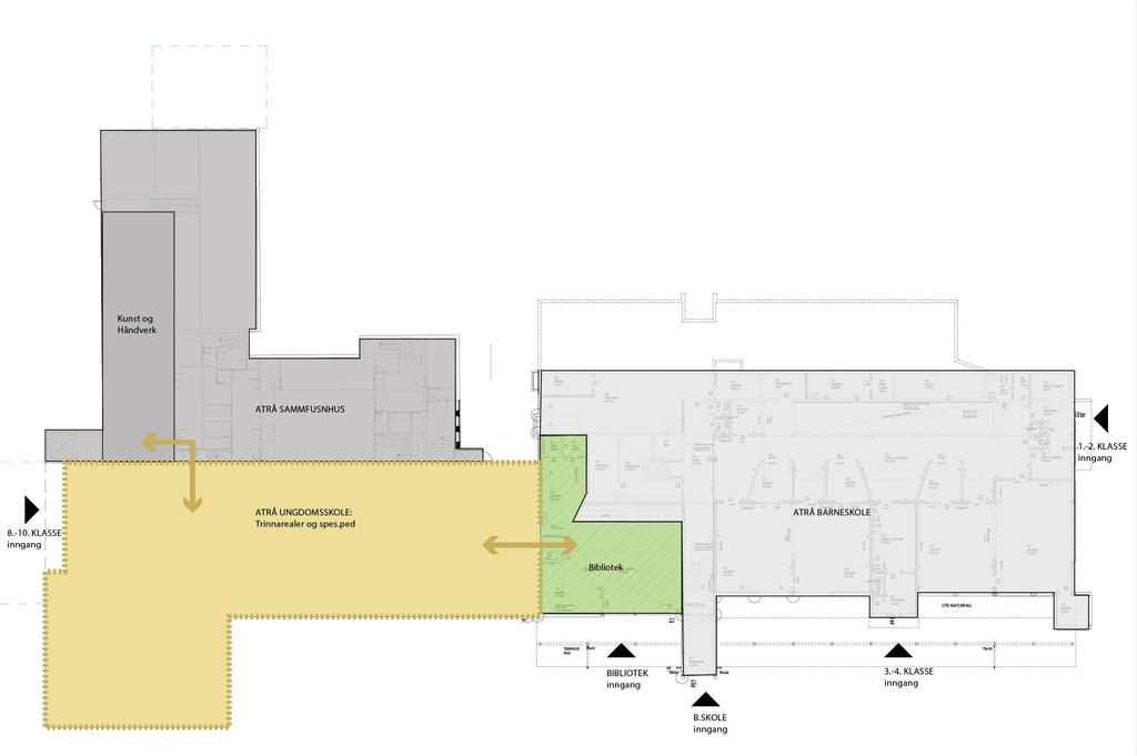 ALTERNATIV 1 Underetasje Bibliotek: 140m2 (mulig ombygning?) Eksisterende Samfunnshus U-skole Generelle læringsarealer: Elevgarderober og toalett: Spes.