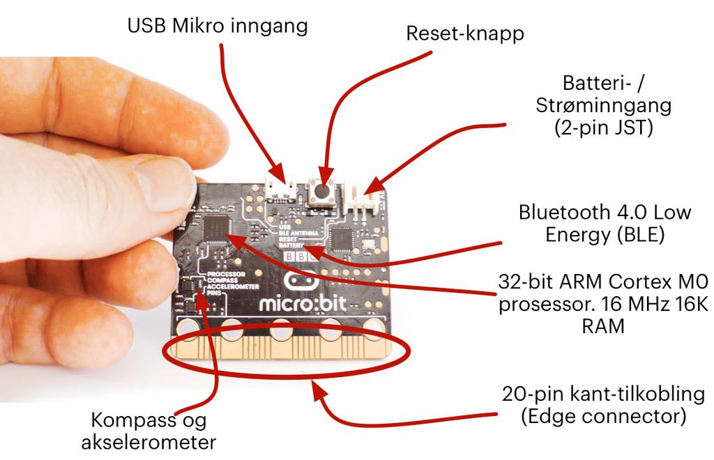 Figur 1.2 Baksiden av micro:bit 1.2 Hvordan programmeres micro:bit? Når micro:bit kobles til en datamaskin blir den tilgjengelig som en helt vanlig USB minnebrikke. Her finner vi to filer, en DETAILS.