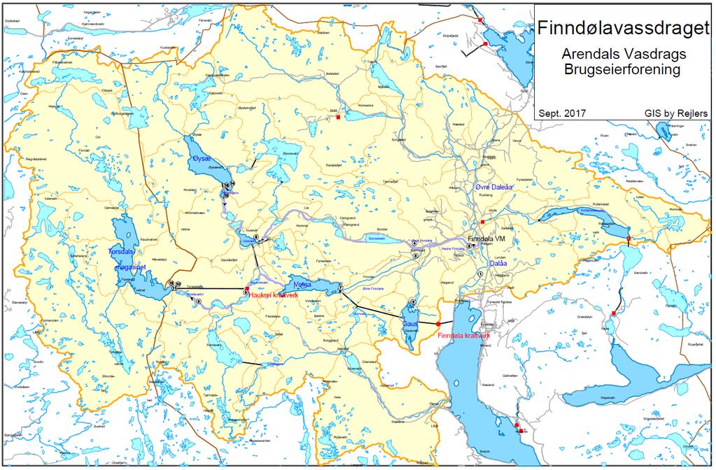 Revisjon av konsesjonsvilkår for Finndølavassdraget Bildedokumentasjon- vedlegg til revisjonsdokument Kartet under viser en oversikt over reguleringene i Finndølavassdraget.