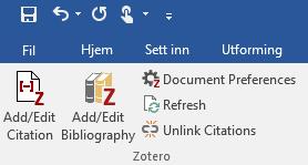Når denne er grå kan du endre på referansen med å trykke på Add/Edit Citation. Når du er 100% ferdig med dokumentet, kan du velge «Unlink Citations».