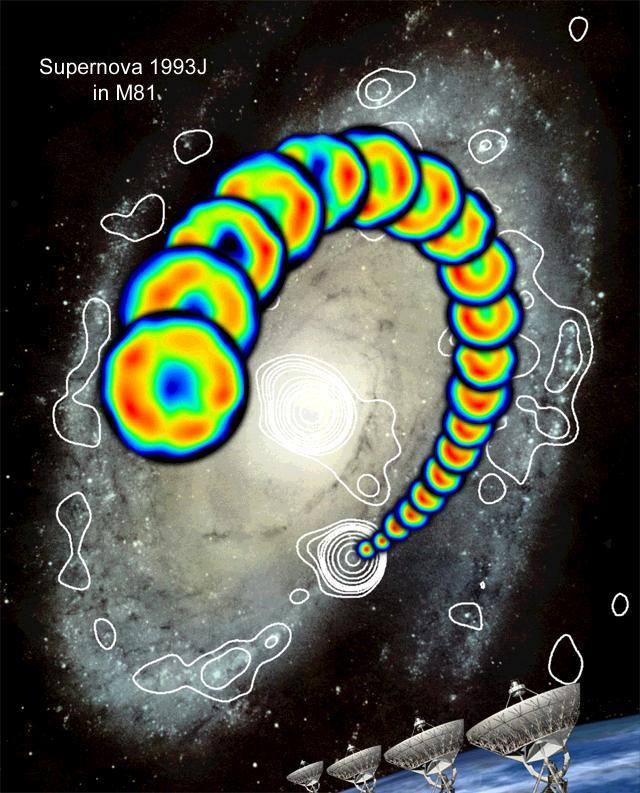 Supernovaen 1993J ble oppdaget av F. Garcia 28. mars 1993 i galaksen M81 som er 10 millioner lysår fra Jorda.