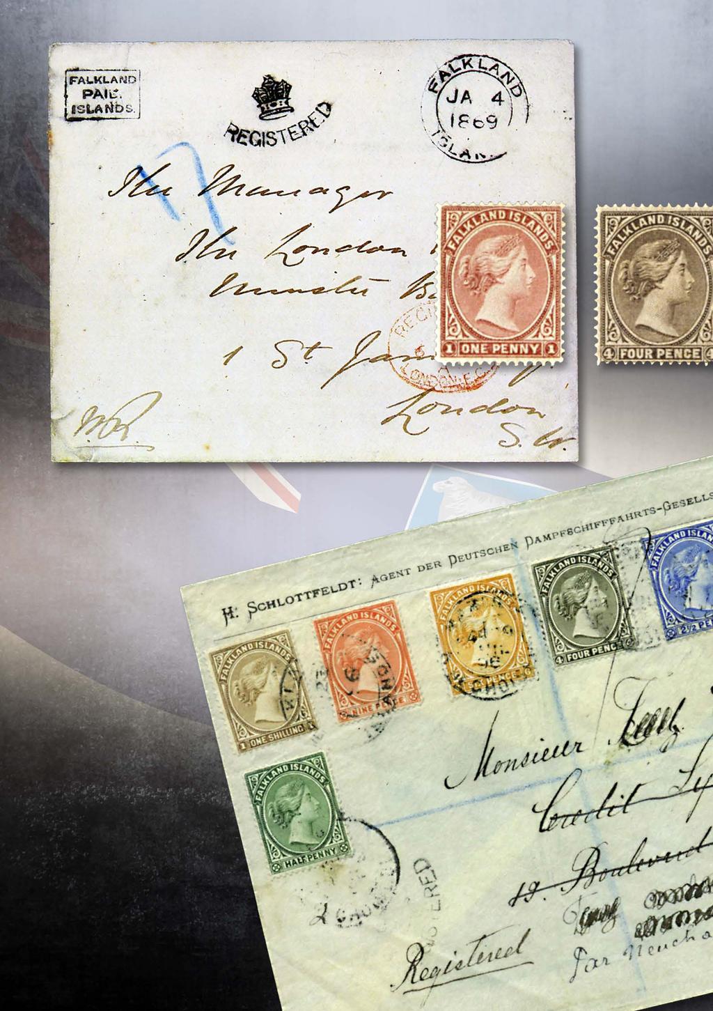 1 3 1. Det tidligste brevet vi kjenner fra Falklandsøyene, fra 4. januar 1869. Nede til venstre guvernør W. Robinsons initialer. 2.