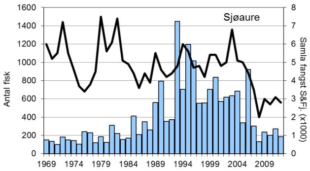 FANGST OG SKJELPRØVAR I EIDSELVA Årlege laksefangstar har stort sett variert mellom 300 og 500 fisk, sjølv om fangstane enkeltår har vore høgare (figur 1, stolpar).