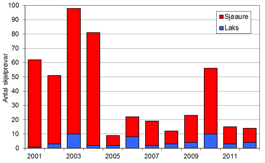 Fangstane av laks har variert mellom 4 i 1983 og 89 i 1990, og mellomårsvariasjonen har vore stor (figur 1). Laksen var freda i perioden 1991-2002.