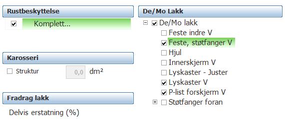 De/Mo for lakkering: Detaljer som inngår i De/Mo for lakkering fremkommer i lakkbildet. Dersom det ikke er nødvendig å demontere en detalj i forbindelse med lakkeringen fjernes avhukingen for denne.