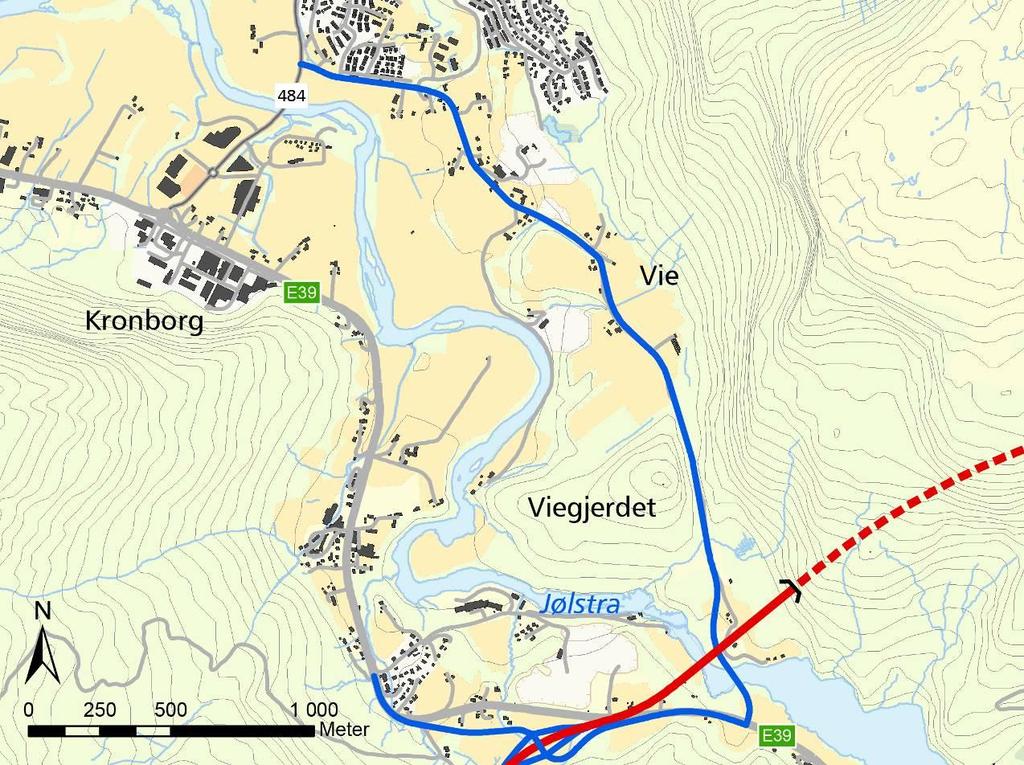 4.6.10 Vievegen (2700) For vegalternativet frå Myra til Pinndalen kan det som eit tilleggsalternativ vere aktuelt å bygge ny bru over Bergavatnet frå Haugen ved Pinndalen til Soleide, for så å bygge