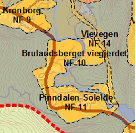 5.7.10 NF10 Brulandsberget - Viegjerdet I likskap med Hafstad og Kronborg er det lav tettleik av bustadar på Brulandsberget, det er nokre bustader og eit gardsbruk, samt ein daglegvarebutikk og post