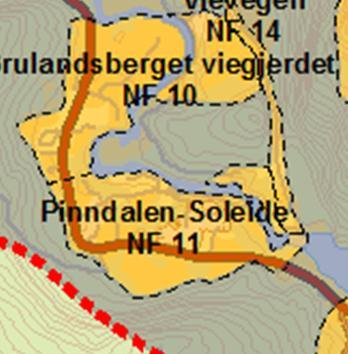 5.7.11 NF11 Pinndalen - Soleide I Pinndalen ligg eit bustadfelt vest i området på nordsida av E39 med ca 20 bustadeiningar som hovudsakleg består av einebustader.