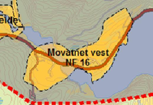 For Moskog er det ingen skilnad på alternativa, sidan alle alternativa vil ende her. 5.7.16 NF16 Movatnet vest Området strekk seg frå Bergavatnet og Sunde til langs Movatnet og til Kusslia.