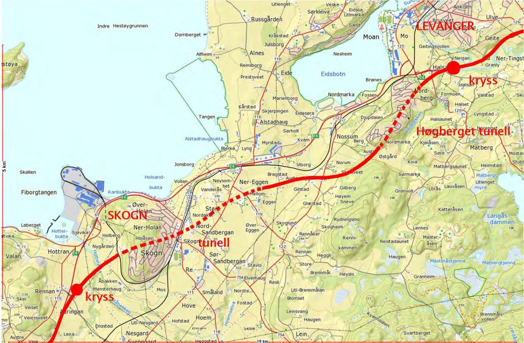 Anbefaling delstrekningene Skogn og Levanger På denne strekningen anbefales følgende alternativ: Langs dagens nordover fra Åsen, videre i tunnel under Holåsen og Skogn sentrum - Alt C, og videre i