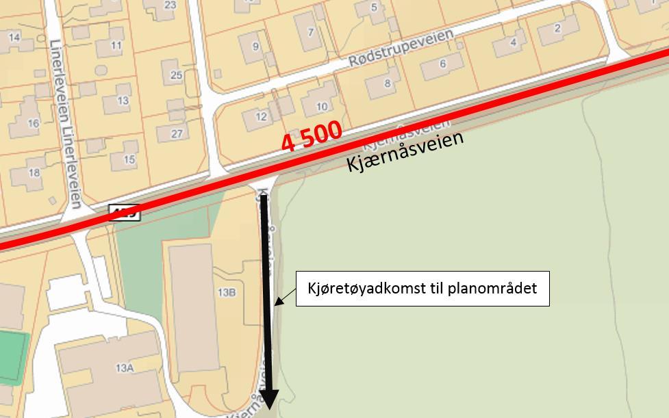 no). Adkomsten for kjøretøy til planområdet ligger i Kjærnåsveien og er ca. 500 m.