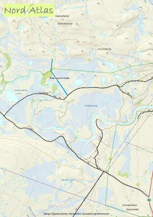 Kart.1. Blå linje fra Nasjonalparkgrensen til hytta angir dispensasjonstrase, og stiplede linjer angir kommunal snøscooterløype.