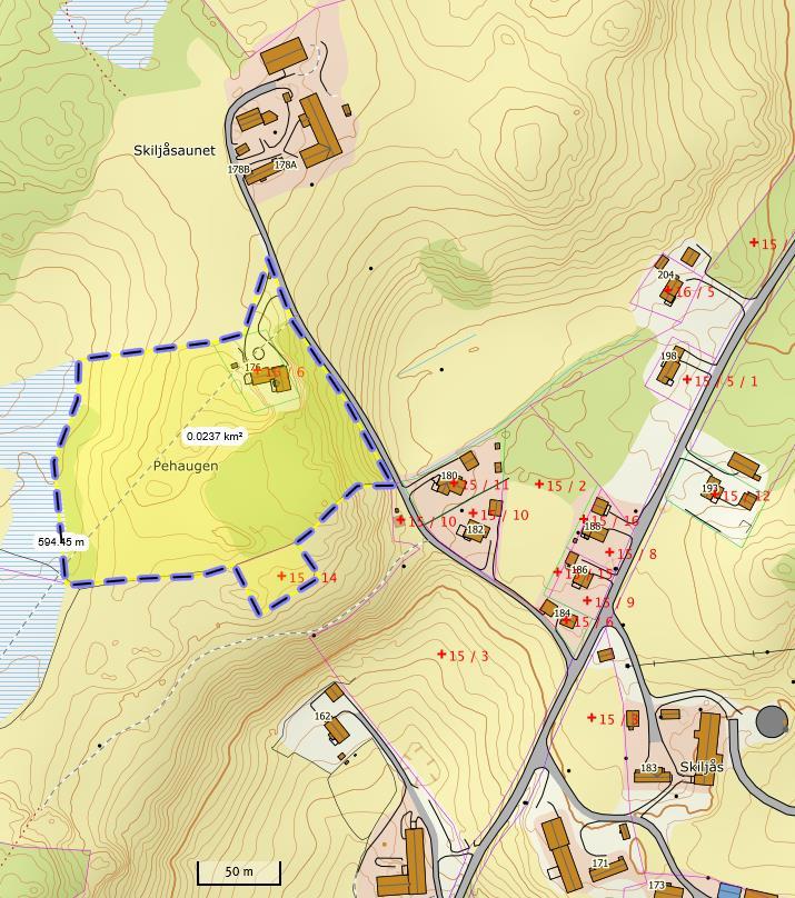 Planområdet omfatter deler av eiendommene 15/14, 16/1og 16/6 og er vist