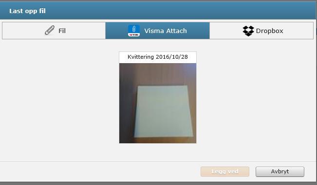 under ser du hvordan et bilde av en kvittering, tatt med mobiltelefonen, vises i Visma Attach.