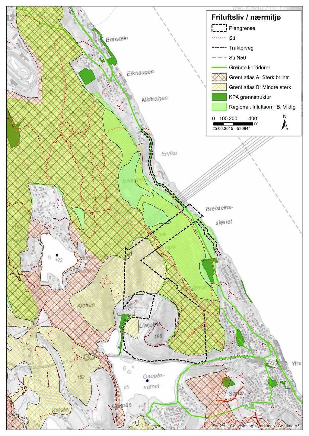Arna steinknuseverk friluftsliv og nærmiljø 7 Figur 1: Kartet viser turveier / stier, områder med brukerinteresser for friluftsliv jamfør Grønt