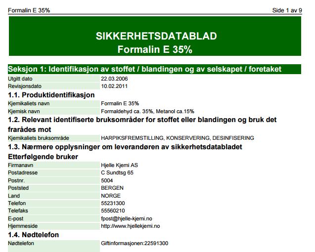 Krav til arbeidsgiver: Arbeidsgiver skal sørge for at det finnes sikkerhetsdatablad for farlige stoffer og