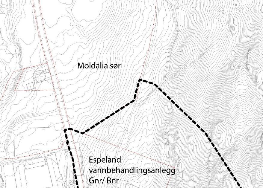 Forslag til plangrense: Forslag til planavgrensning viser et areal på ca. 46,5daa. Plangrensen omfatter flere eiendommer, der tomten for det eksisterende vannbehandlingsanlegget gnr. 290, bnr.