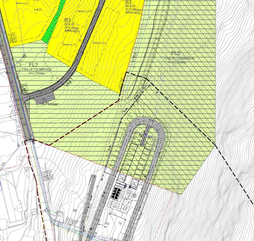 Utsnitt av reguleringsplan for Moldalia sør boligområde, vist med foreslått plangrense for regulering for Espeland vannbehandlingsanlegg.