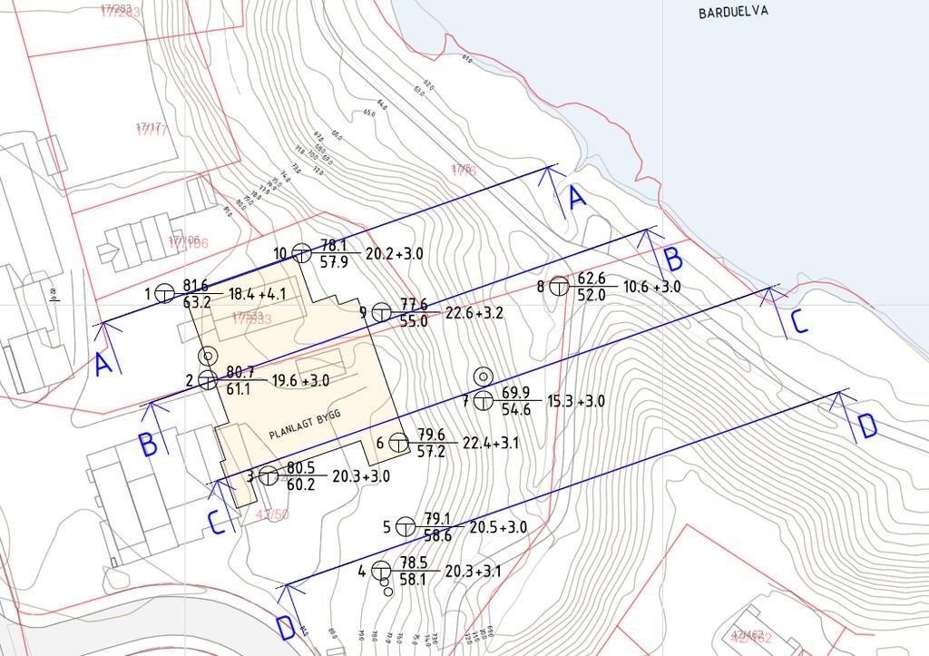 REMA 1000 Setermoen Geoteknisk vurdering multiconsult.no Figur 3-1: Området med planlagt bygg. Materialparametere Materialparametere er erfaringsparametere hentet fra Statens Vegvesen håndbok V220.