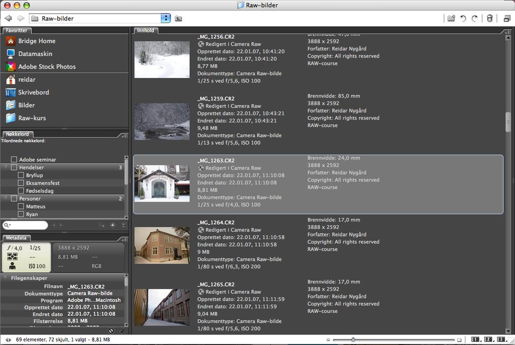 3 Overføring av bilder til PC/Mac Skjermbilde fra Bridge med metadatafokus på RAW-bilder.