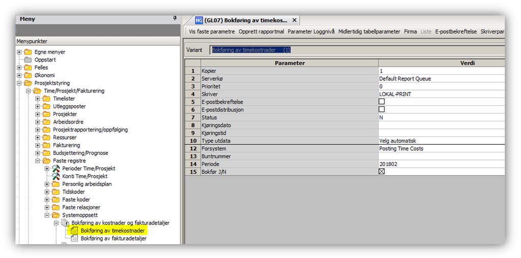 7.1.5 GL07 Bokføring av timekostnader (Utføres av DFØ) Menypunkt: UBW Prosjektstyring/Time/Prosjekt/Faste registre/systemoppsett/bokføring av kostnader og fakturadetaljer variant 1 GL07 startes