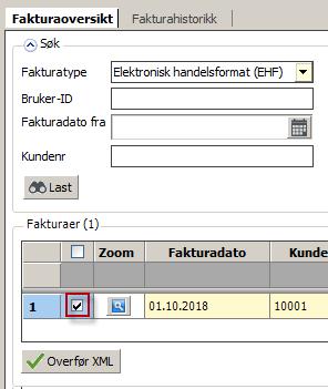 8.4.3 Send EHF faktura med vedlegg Når du skal sende faktura må du huke av i avkryssingsboksen for raden og trykk på knappen Overfør XML. 8.5 