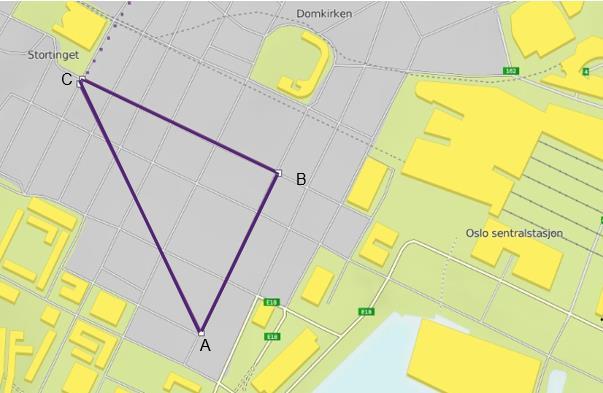 Oppgave 2 (4 poeng) I kartet ovenfor ser vi en del av Oslo. Trekanten ABC i kartet er rettvinklet. På kartet er AB = 6 cm og BC = 8 cm. a) Bestem lengden AC på kartet.