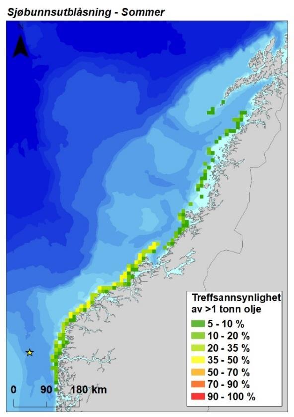 Figur 3-4 Sannsynligheten for treff av mer enn 1 tonn olje i 10 10 km kystruter gitt en sjøbunnsutblåsning fra letebrønnen 35/11-21 S i hver sesong.